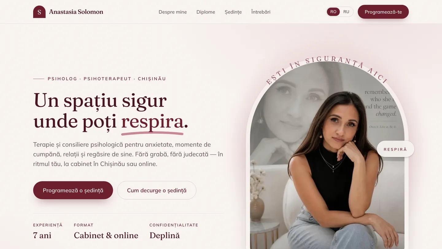 Screenshot site Anastasia Solomon cu pagina principală a cabinetului de psihologie