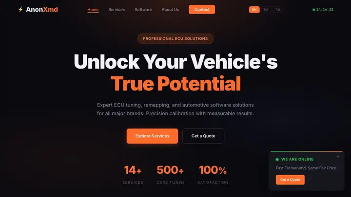 Screenshot site AnonXmd cu pagina principala de servicii ECU tuning