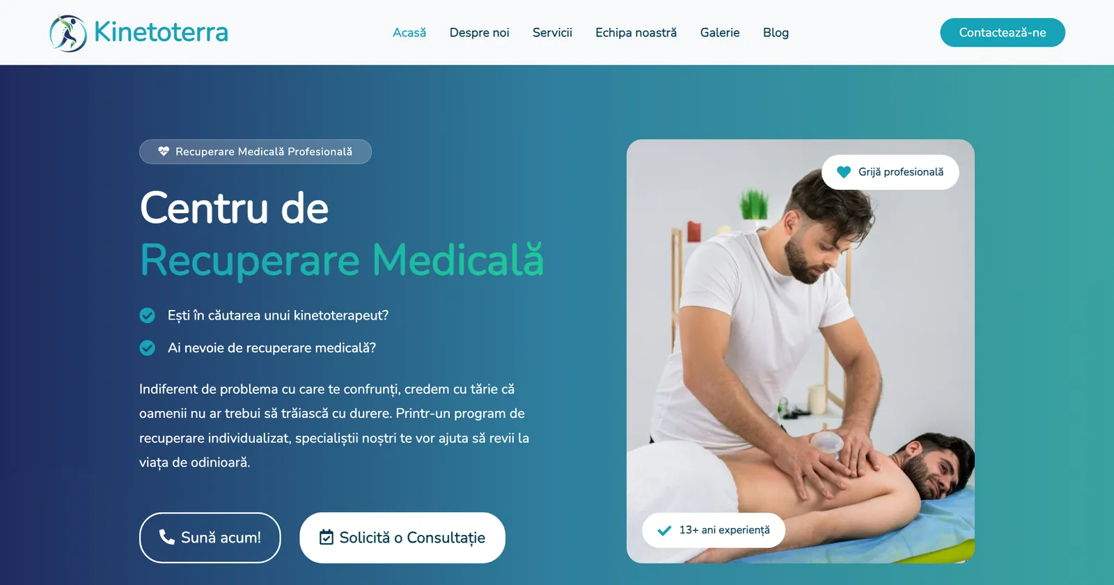 Screenshot site KinetoTerra cu pagina de servicii de kinetoterapie
