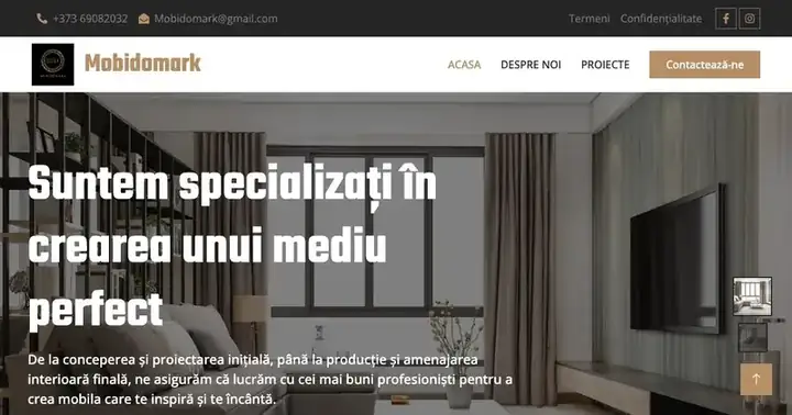 Screenshot site Mobidomark cu pagina de portofoliu mobilier la comandă