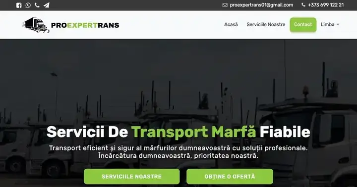 Screenshot site ProExperTrans cu pagina de servicii de transport