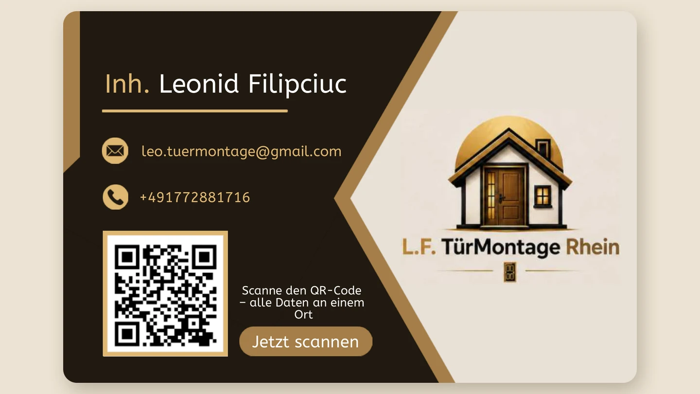 Carte de vizită L.F. TürMontage Rhein cu logo, date de contact și cod QR